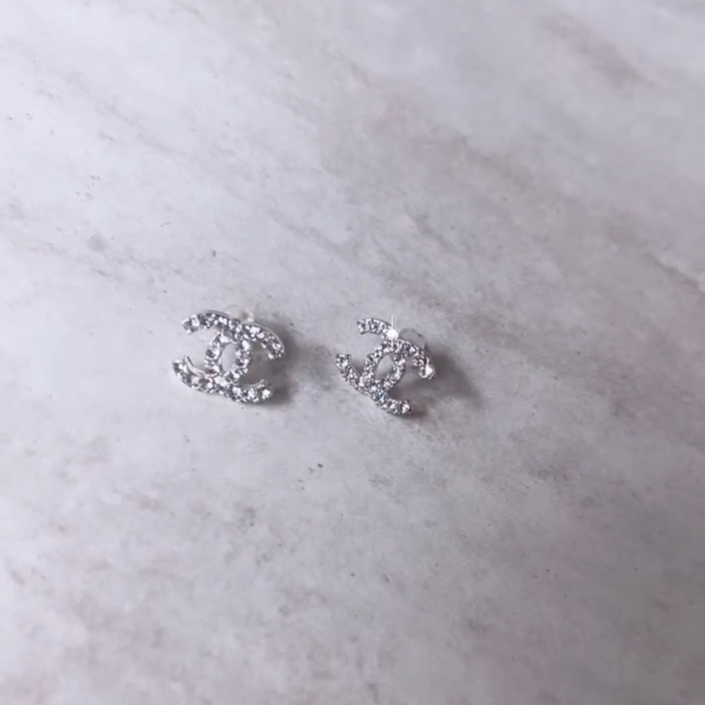 Silver CC Logo Earrings with Crystal Accents
